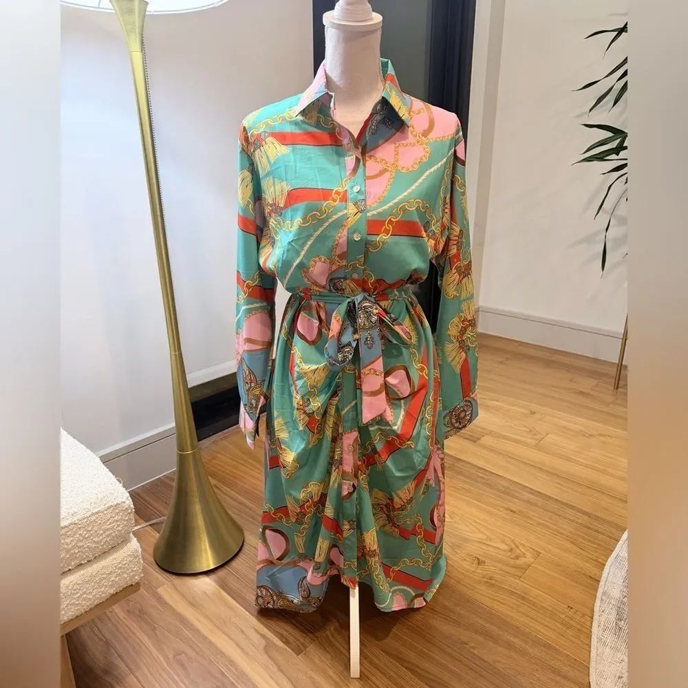 Sunday Up Elegant Multicolor Chain Print Shirt Dress Size L